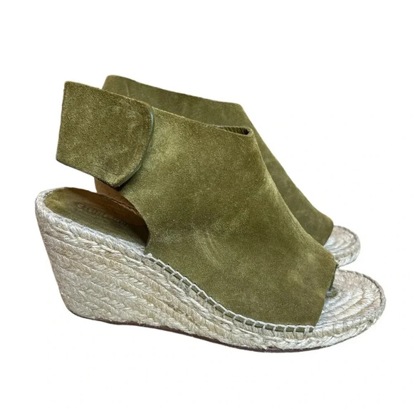CELINE Paris Made In Spain Suede Olive Green Jute Open Toe Wedge Espadrilles - Picture 3 of 11